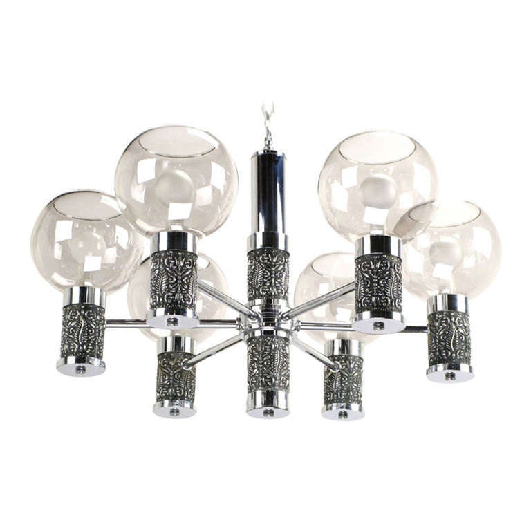 American Chrome and Smoked Glass Chandelier with Foliate Relief Detail For Sale