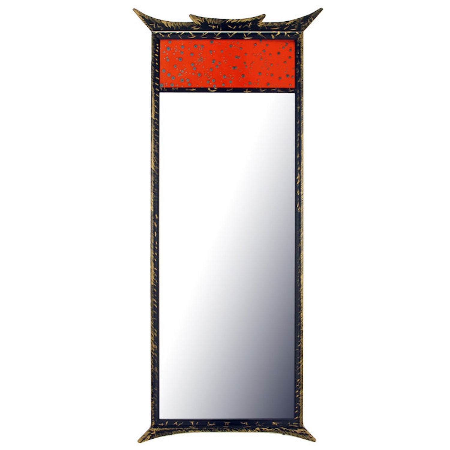Parcel-Gilt Pagoda Style Enameled Panel Trumeau Mirror