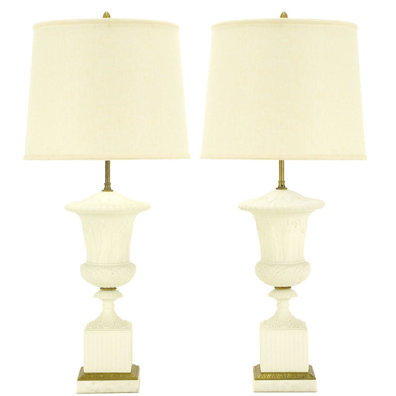Pair Neoclassical White Bisque Porcelain Urn Form Table Lamps