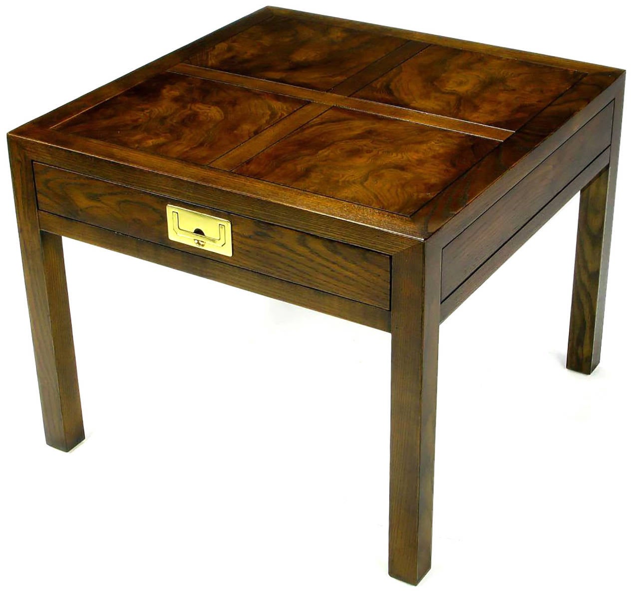 Excellent walnut and burled walnut Campaign end table from Henredon. Burl parquetry top in a four square configuration with walnut cross borders. Recessed brass Campaign style pull.