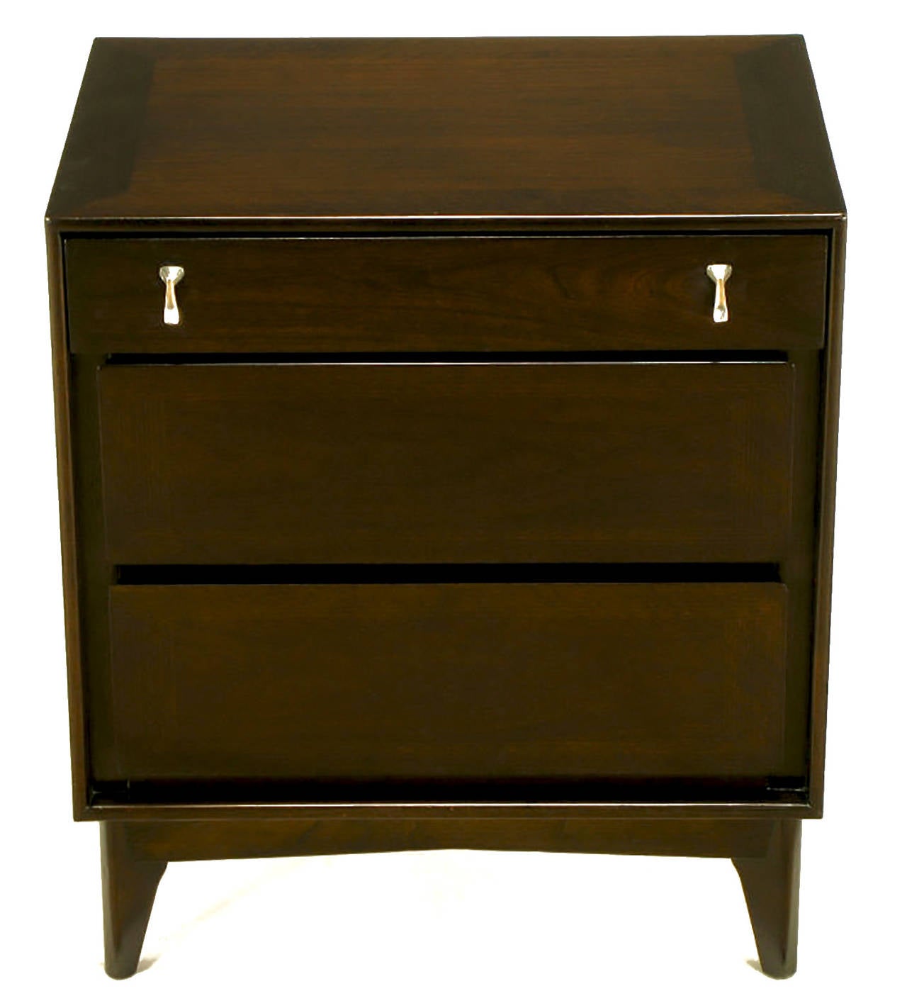 Pair of Red Lion Table Co. dark walnut three-drawer nightstands with sculpted and polished zinc pulls. Canted legs and recessed apron, refinished.