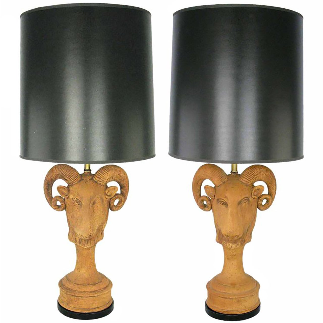 Pair of Italian Terracotta Ram's Head Table Lamps