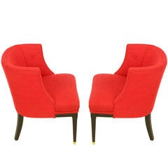 Pair of Button Tufted Red Wool and Dark Walnut Pull Up Wing Chairs 7