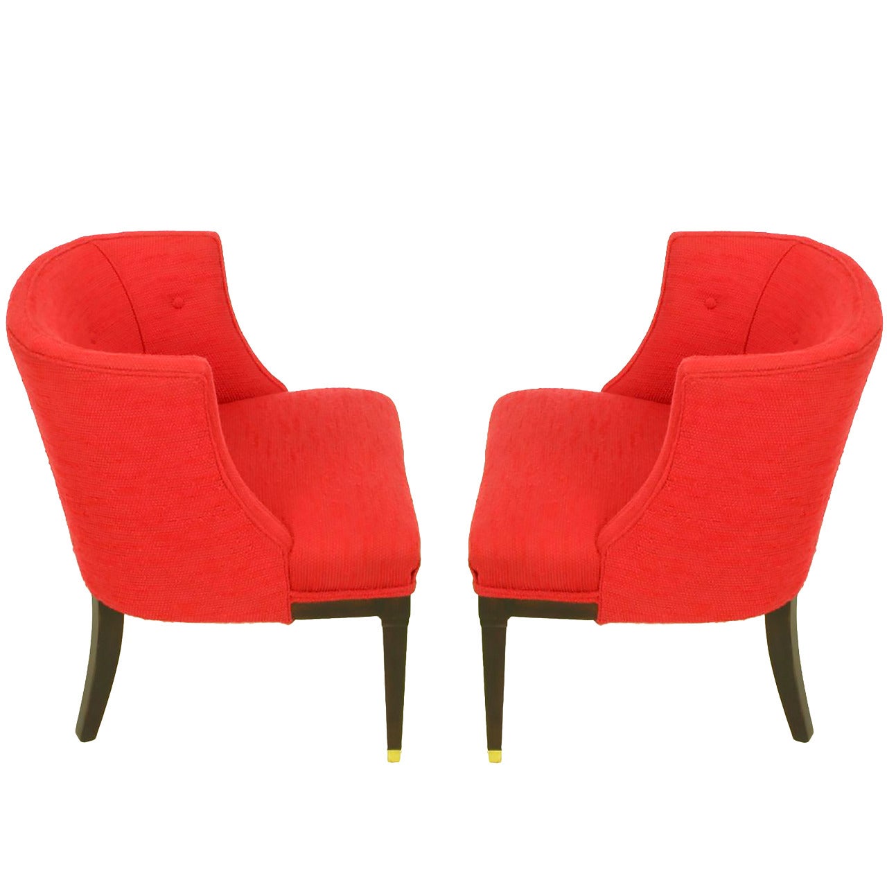 Pair of Button Tufted Red Wool and Dark Walnut Pull Up Wing Chairs For Sale