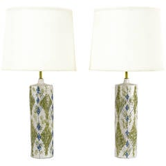 Pair of Raymor White, Green and Blue Italian Pottery Cylinder Lamps