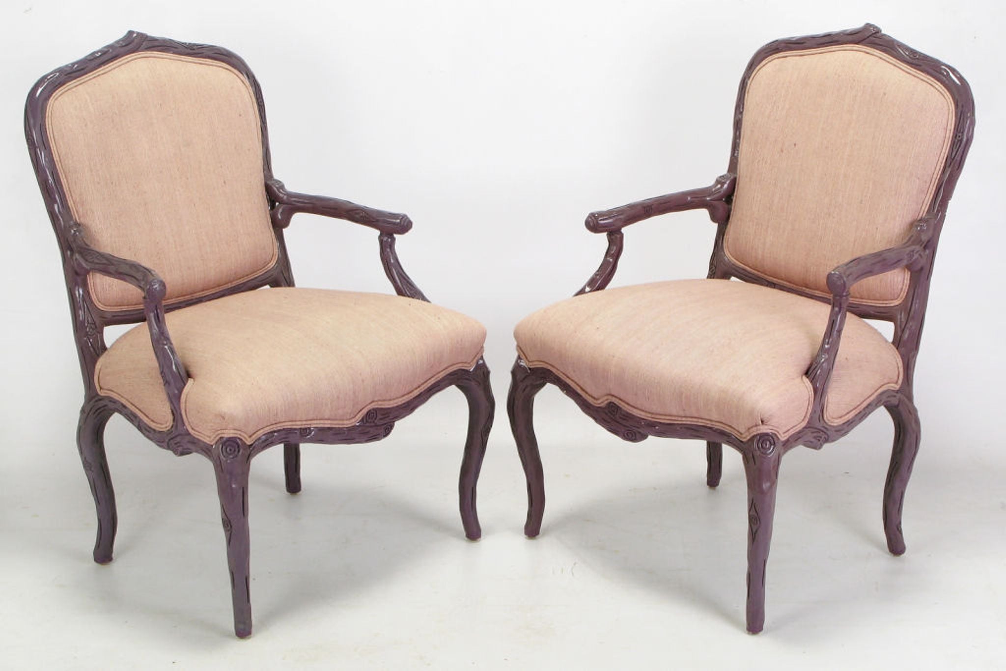 Pair of Dark Lavender Faux Bois Armchairs and Ottoman in Puce Silk