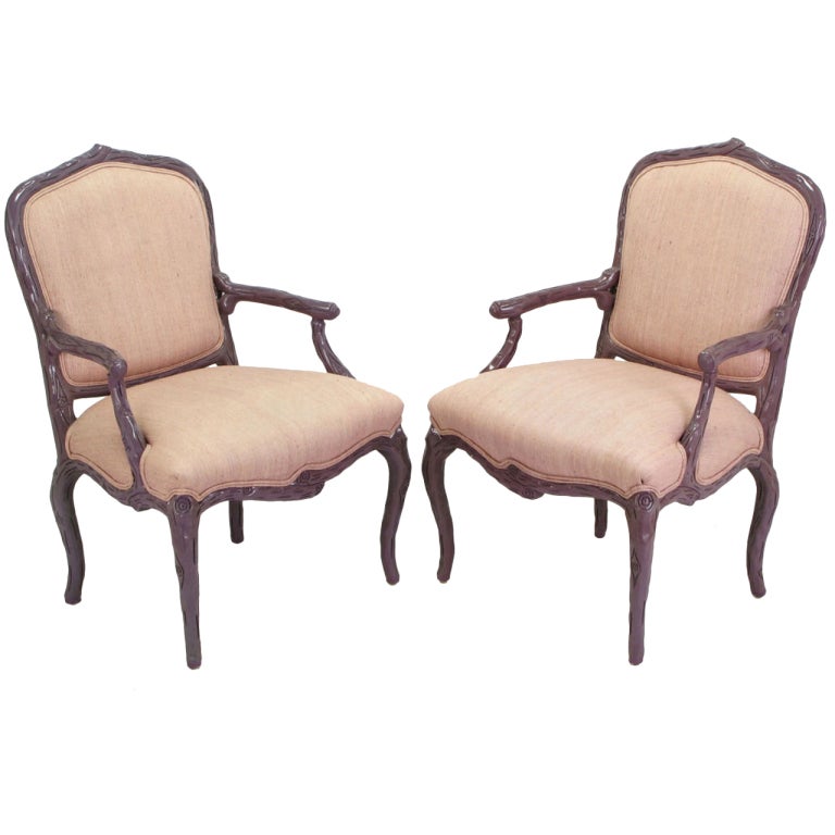 Pair of Dark Lavender Faux Bois Armchairs and Ottoman in Puce Silk