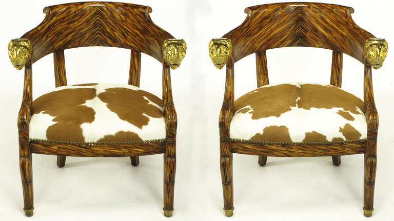 American Pair Trompe L'oeil Rosewood Chairs With Lion Head Arms