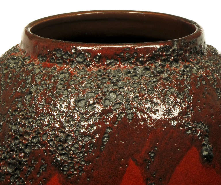 20th Century Scheruich Ceramic Tall Lava Glaze Vase with Relief Bull and Volcanos For Sale
