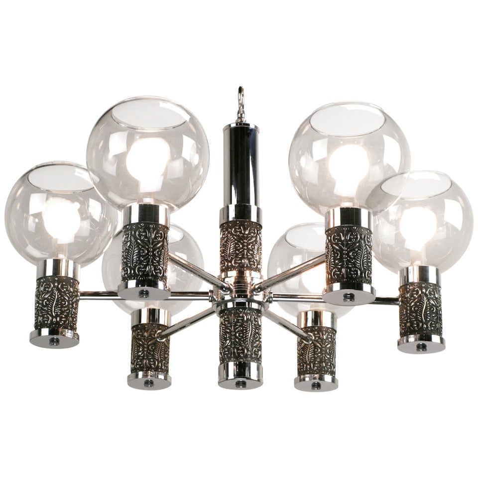 Chrome and Smoked Glass Chandelier with Foliate Relief Detail For Sale