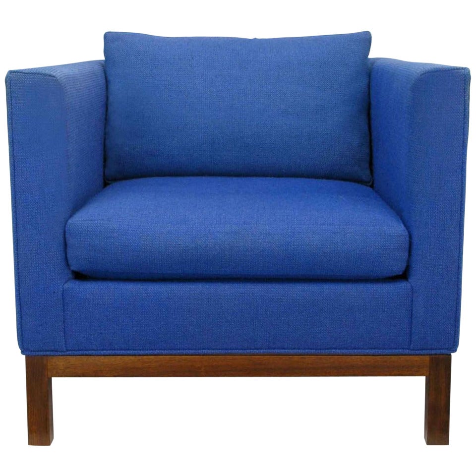 Dunbar Cube Club Chair in Original Blue Wool and Walnut