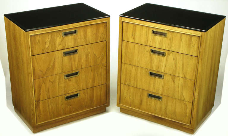 American Pair of Ash and Black Glass Four-Drawer Commodes For Sale