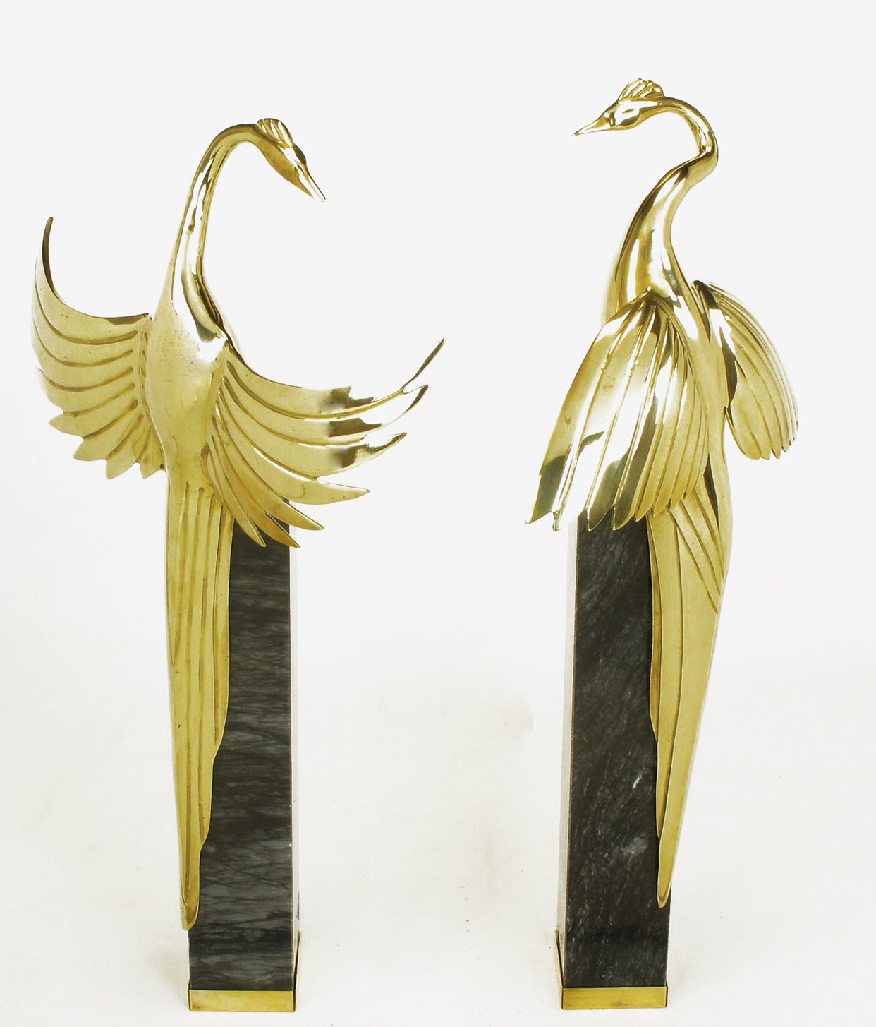 Pair of Marble Pedestal and Brass Crane Sculptures For Sale 5