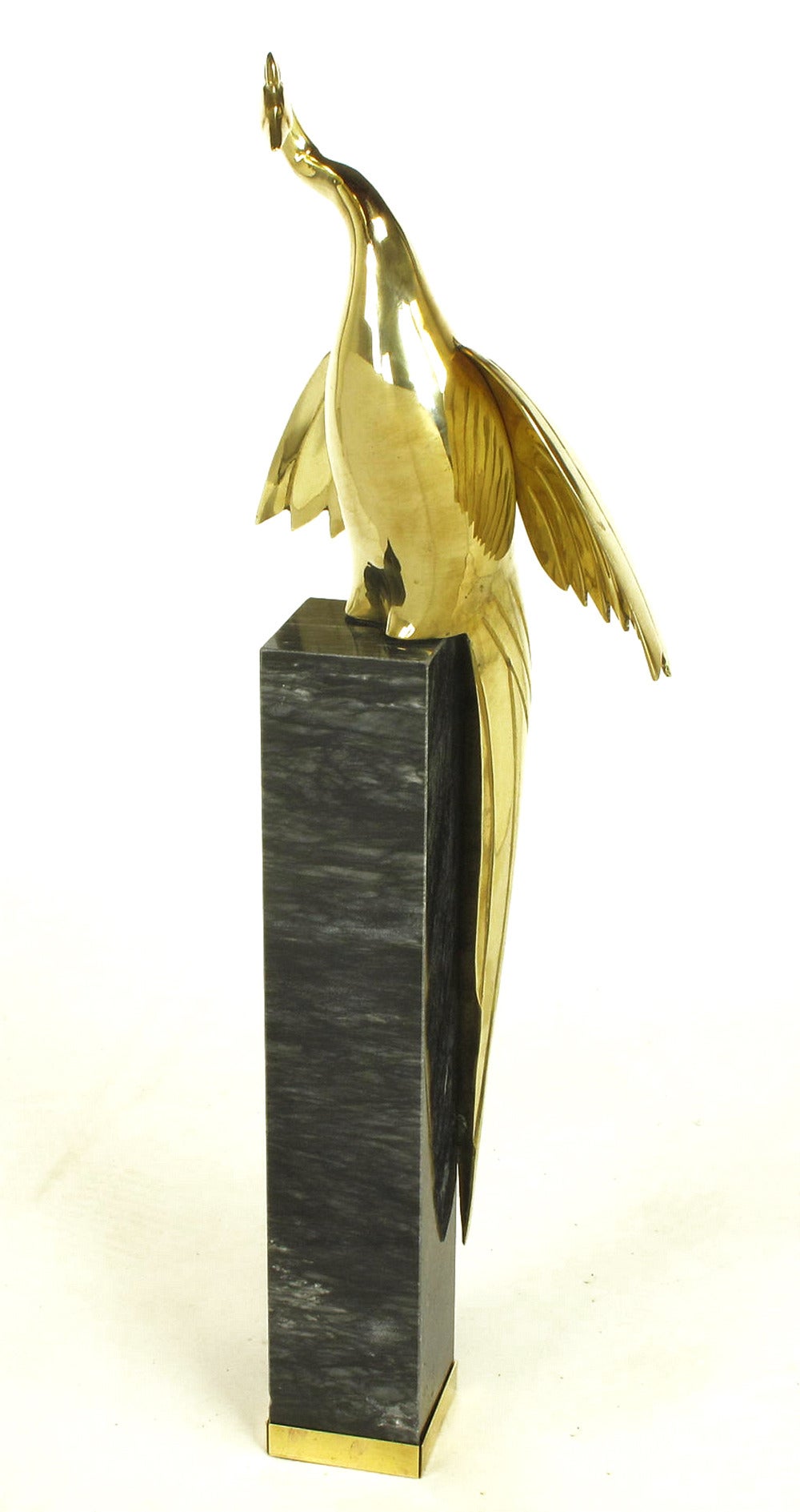 Pair of Marble Pedestal and Brass Crane Sculptures In Excellent Condition For Sale In Chicago, IL
