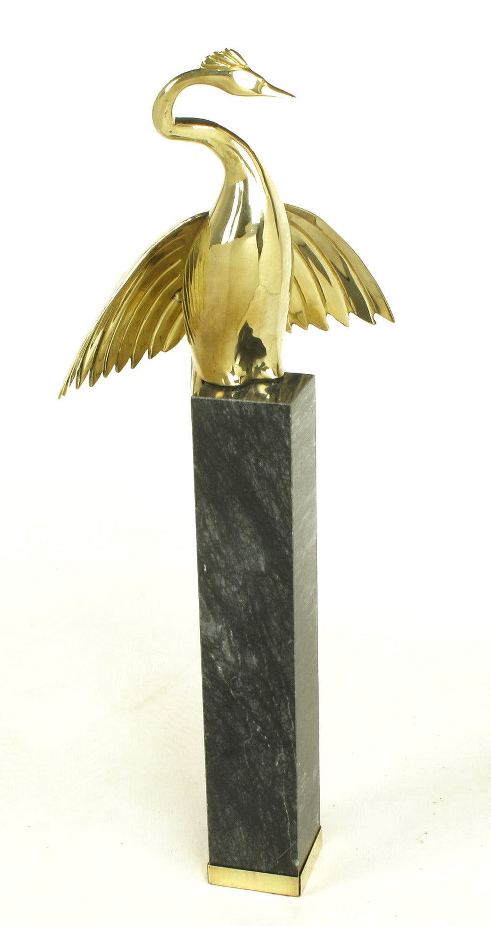 Late 20th Century Pair of Marble Pedestal and Brass Crane Sculptures For Sale