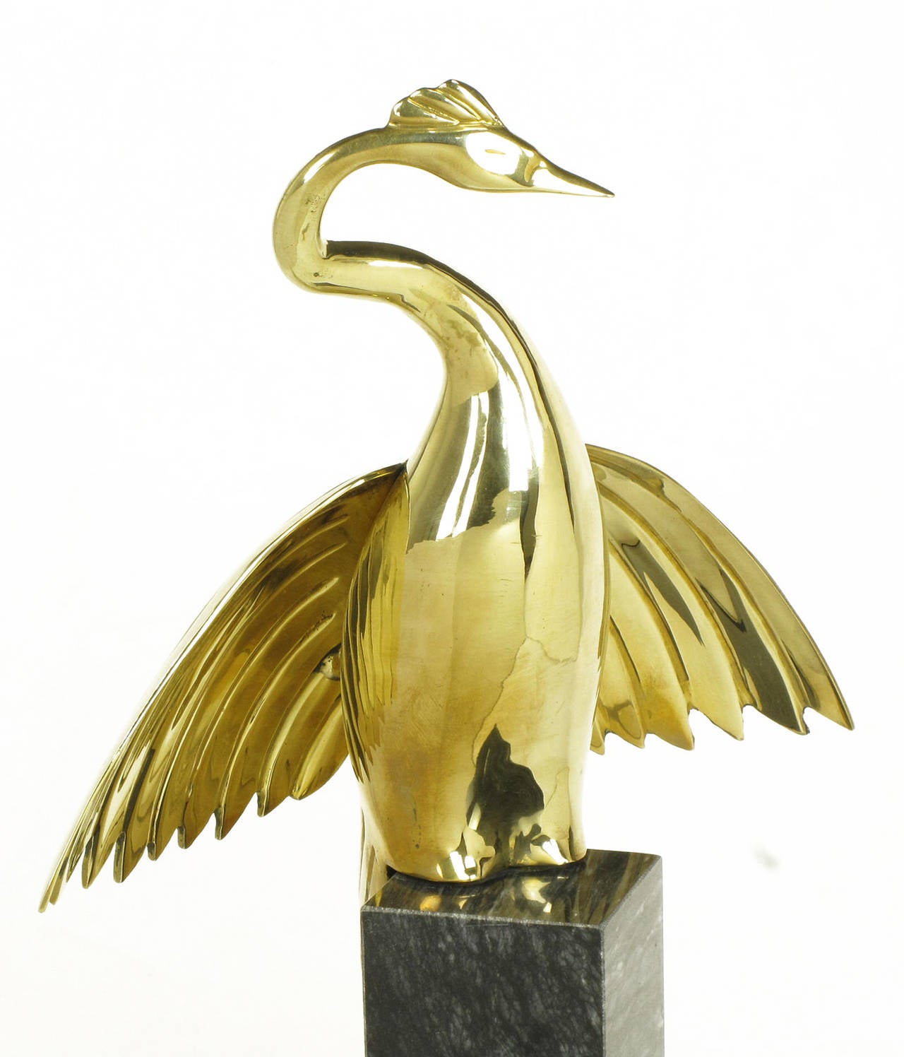 Pair of Marble Pedestal and Brass Crane Sculptures For Sale 1
