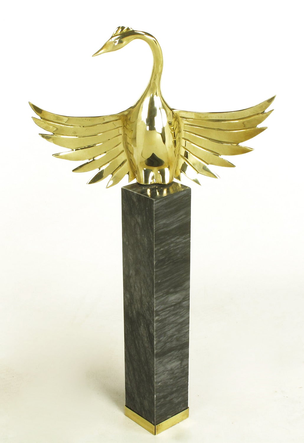 Pair of Marble Pedestal and Brass Crane Sculptures For Sale 2