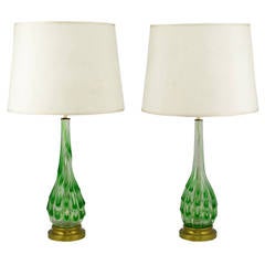 Pair of Green Raindrops Over Clear Murano Glass Table Lamps