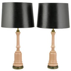 Pair of 1940s Pink Ceramic and Brass Baluster Form Table Lamps 5