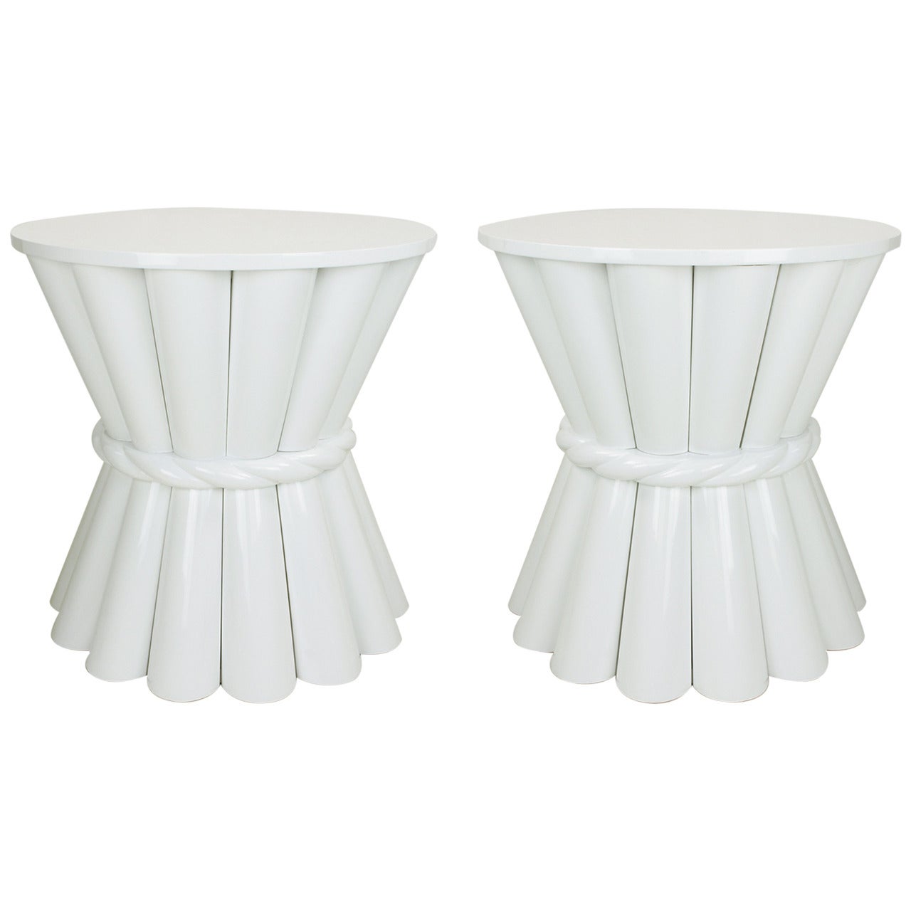 Pair of Studio Built White Gloss Lacquer "Sheaf of Wheat" Round End Tables