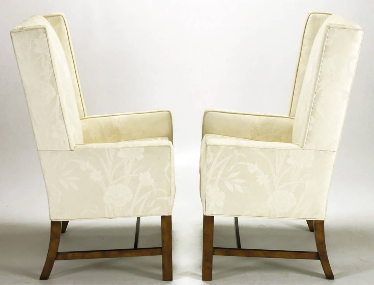 American Pair of Sleek Wing Chairs in Cream Silk Damask