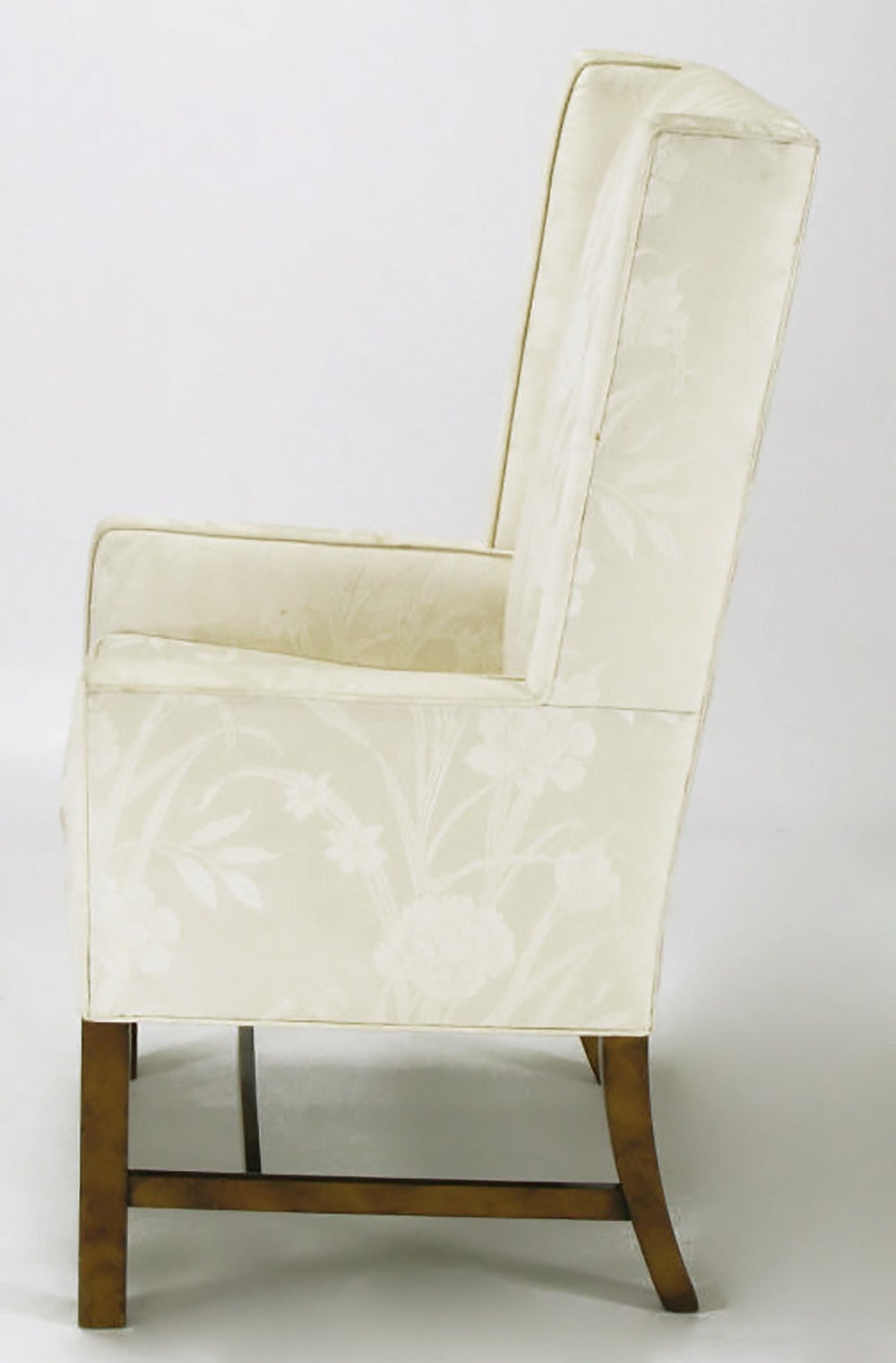 Late 20th Century Pair of Sleek Wing Chairs in Cream Silk Damask