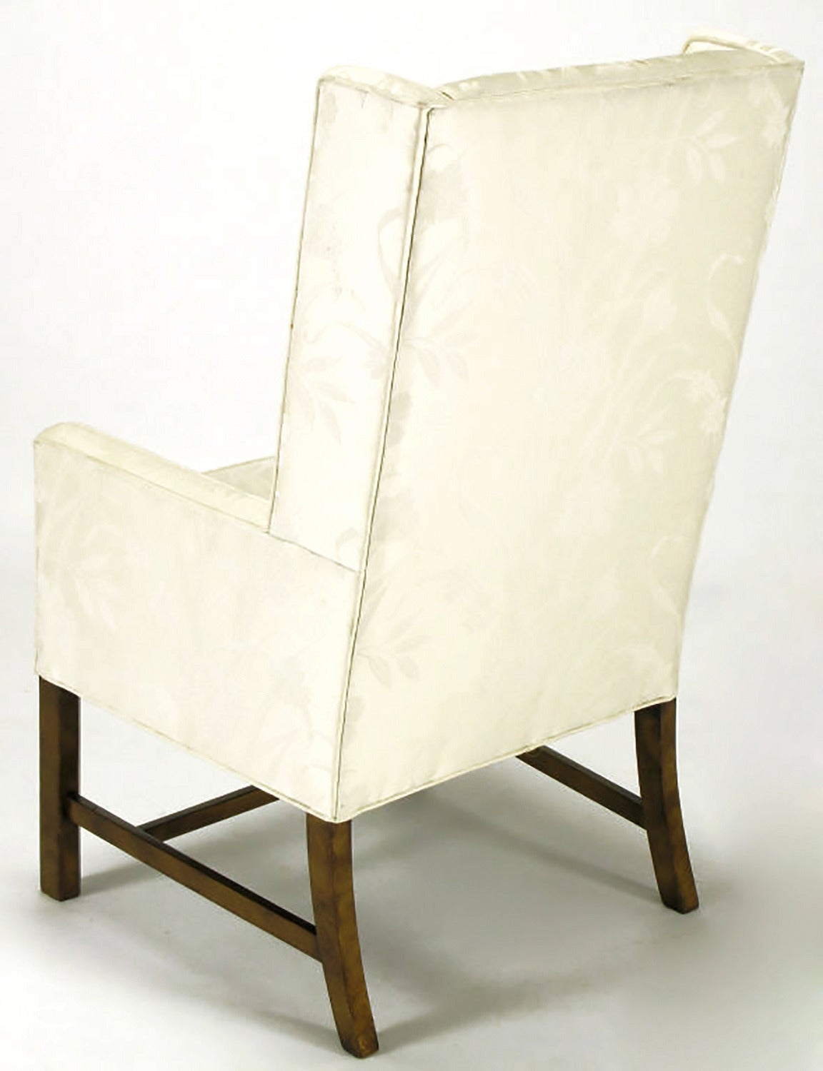 Lacquer Pair of Sleek Wing Chairs in Cream Silk Damask
