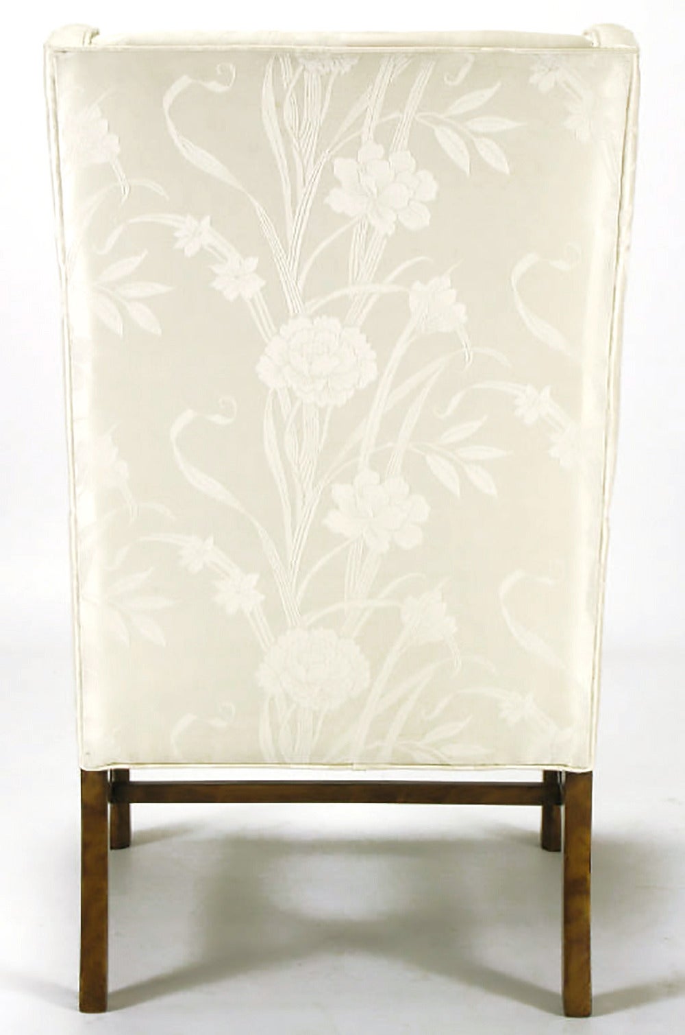 Pair of Sleek Wing Chairs in Cream Silk Damask 1