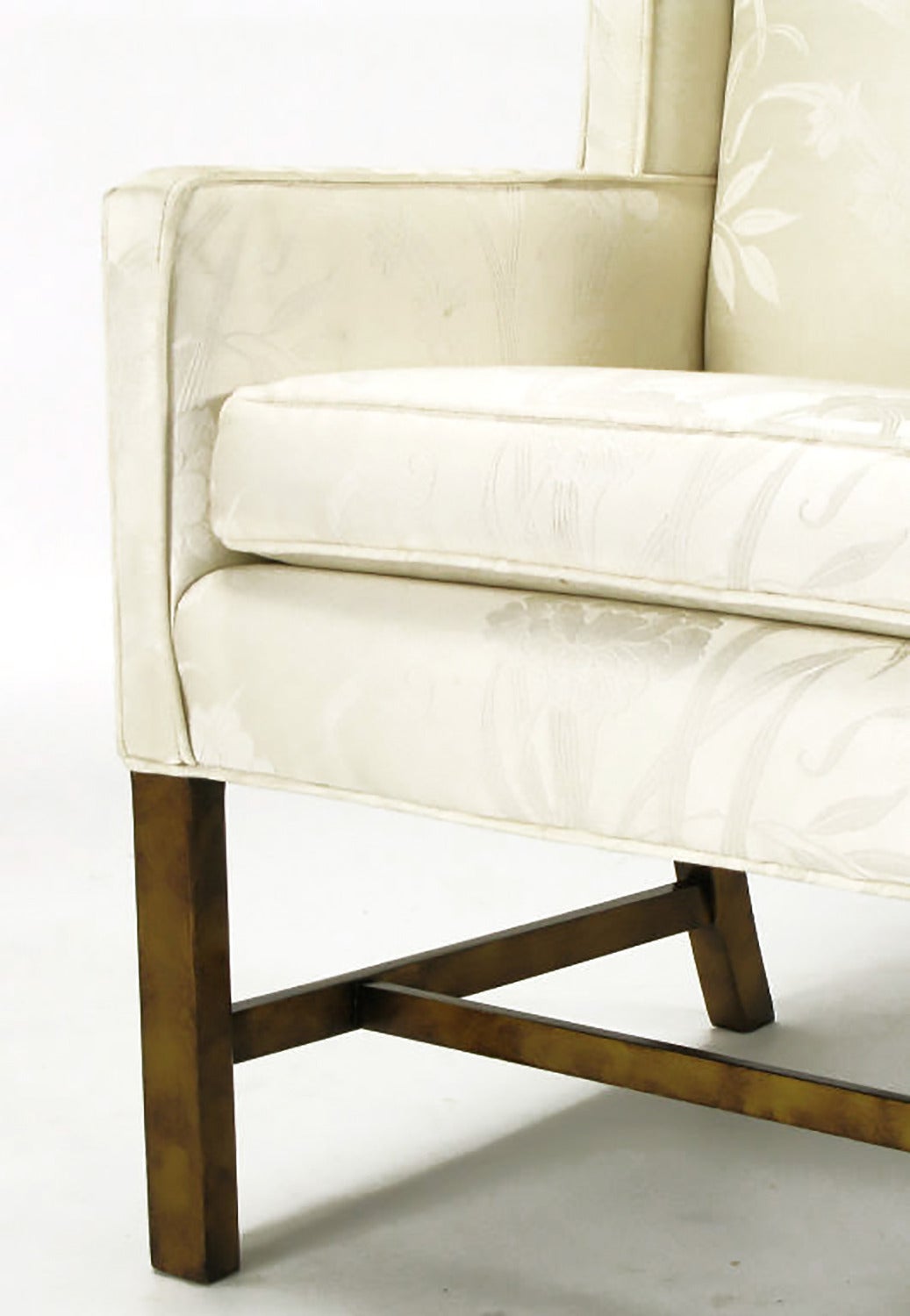 Pair of Sleek Wing Chairs in Cream Silk Damask 2