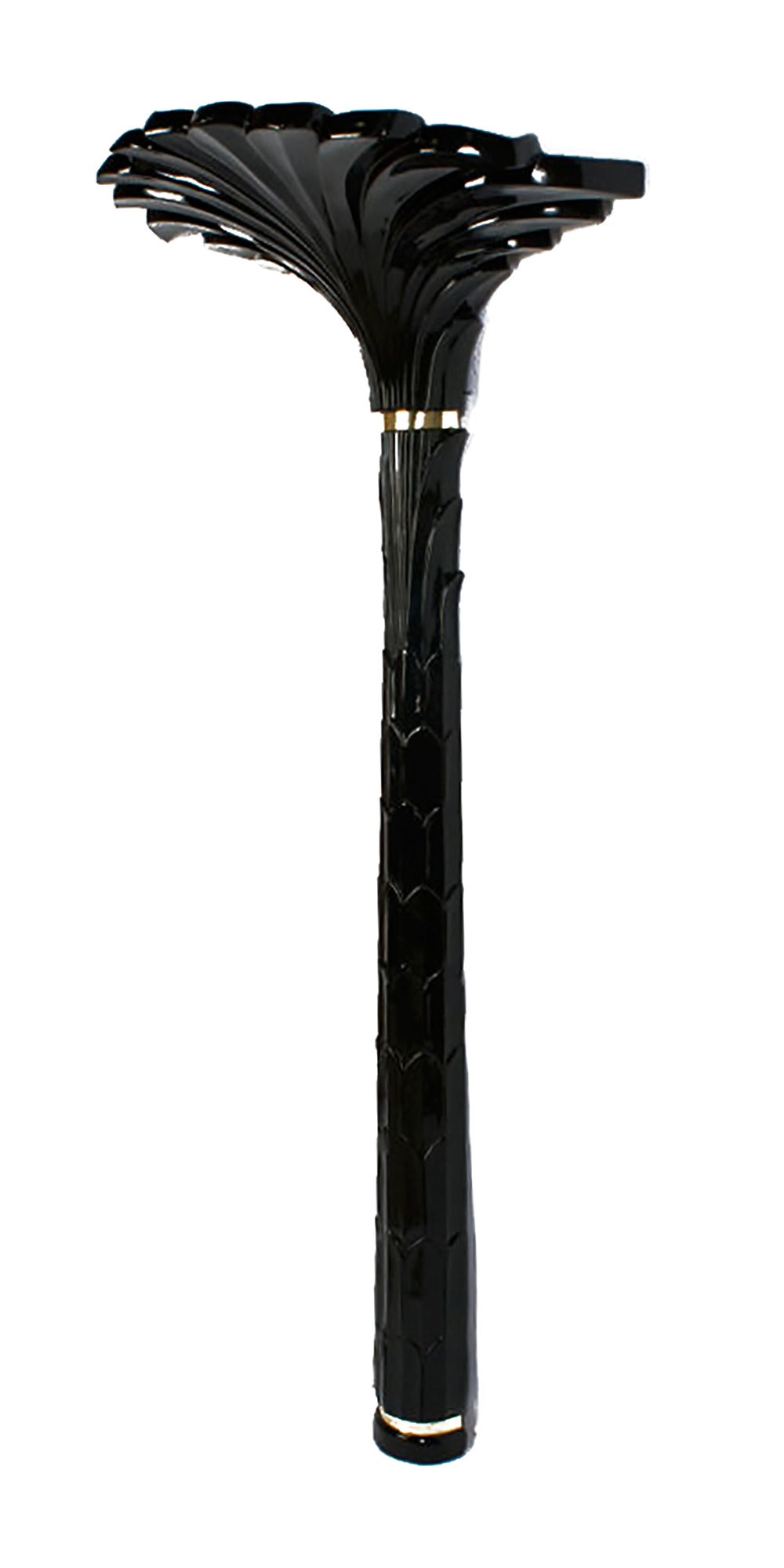 Undoubtedly inspired by the work of Serge Roche, this torchiere is designed to mount to a wall for support. The body is of wood, carved to resemble a palm tree and heavily black lacquered. The column is circumscribed by two brass bands, used to