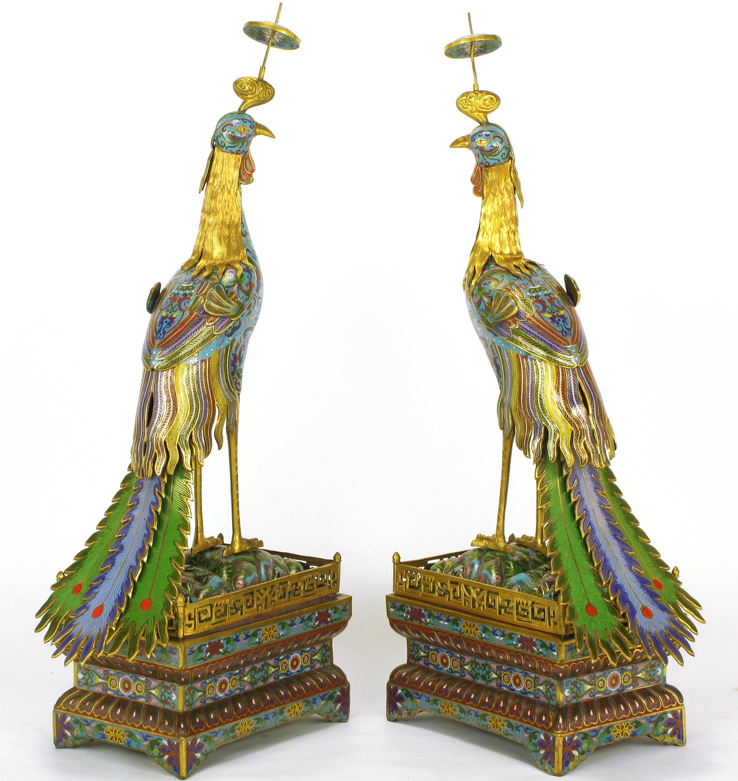 Stunning Pair 38" Cloisonne Peacocks With Matching Galleried Pedestals.