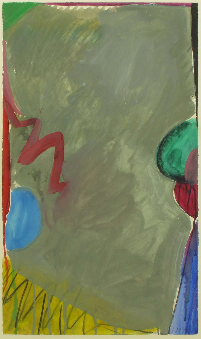 Striking abstract painting in yellow, green, gray, red and blue. Executed in gouache and watercolor. Nicely matted and framed. Signed LM '77, lower right.

40
