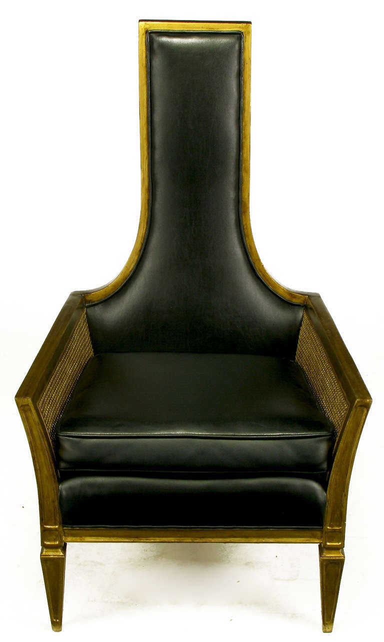 Cane Antique Gilt Finish and Black Naugahyde Moorish Style Lounge Chair For Sale