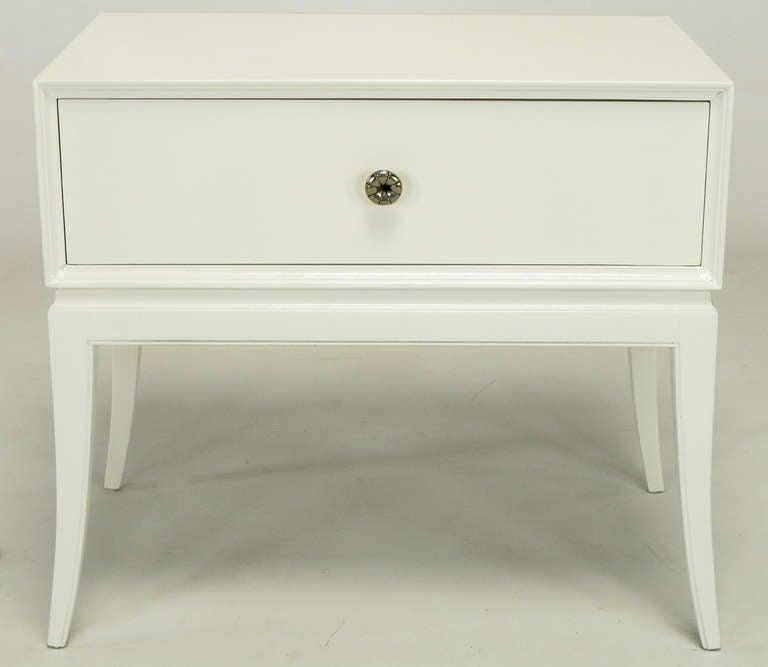 Petite night table from Parzinger's Charak Modern line. Restored, with fresh white lacquer and replated nickel pull.