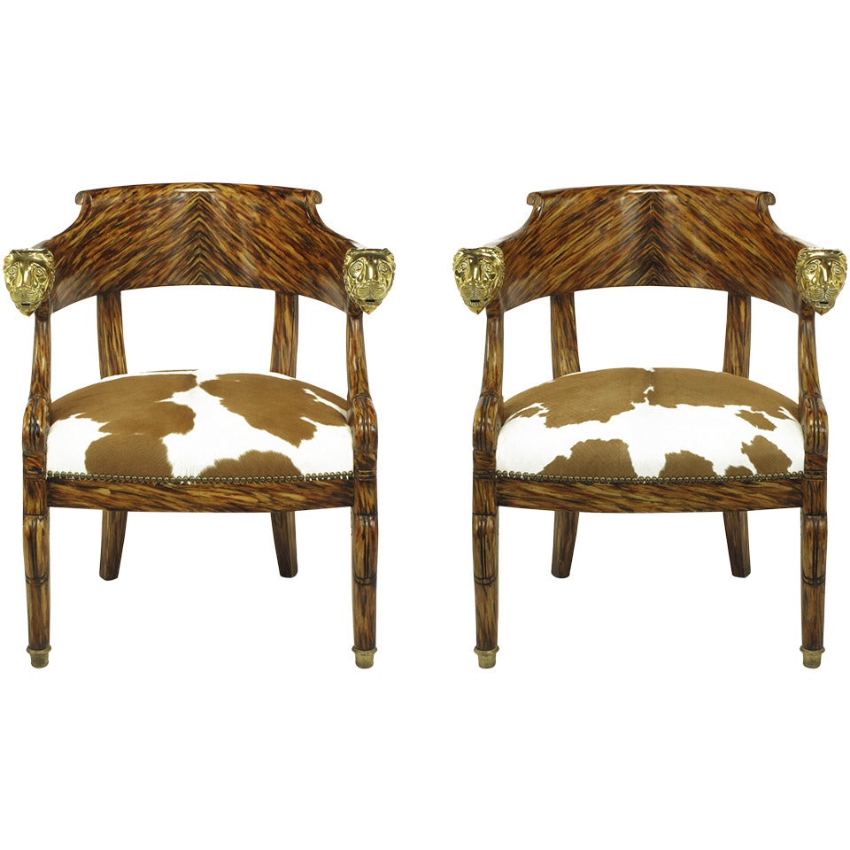 Pair Trompe L'oeil Rosewood Chairs With Lion Head Arms