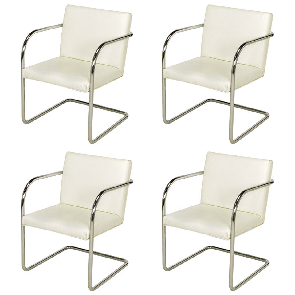 Four Thonet White & Chrome Cantilever Dining Chairs
