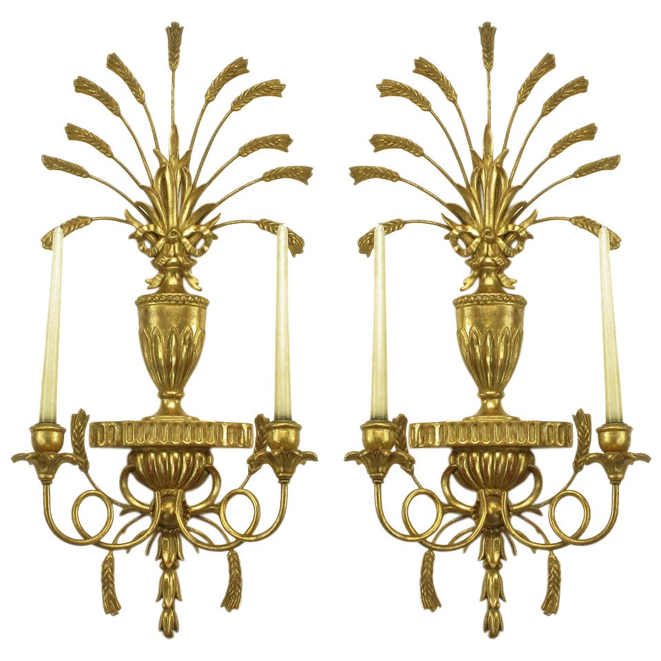 Pair of Italian Tole Gilt Metal and Resin Candelabra Wall Sconces