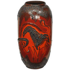 Scheruich Ceramic Tall Lava Glaze Vase with Relief Bull and Volcanos 10
