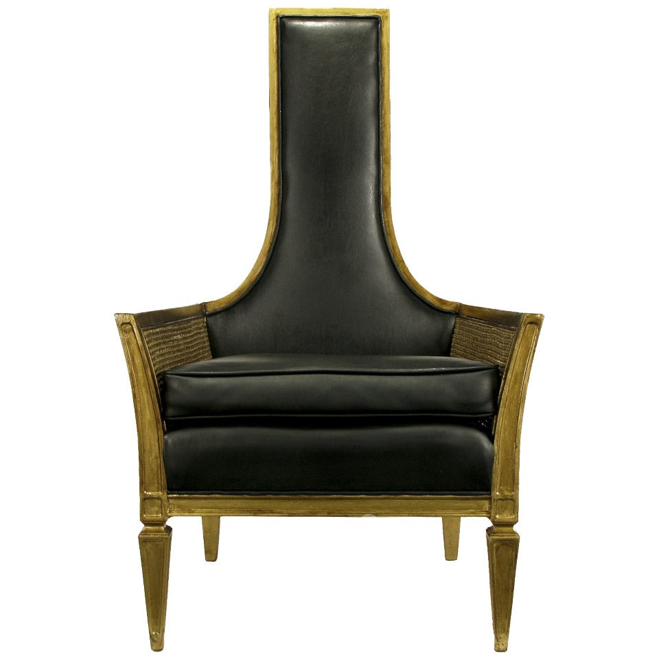 Antique Gilt Finish and Black Naugahyde Moorish Style Lounge Chair For Sale