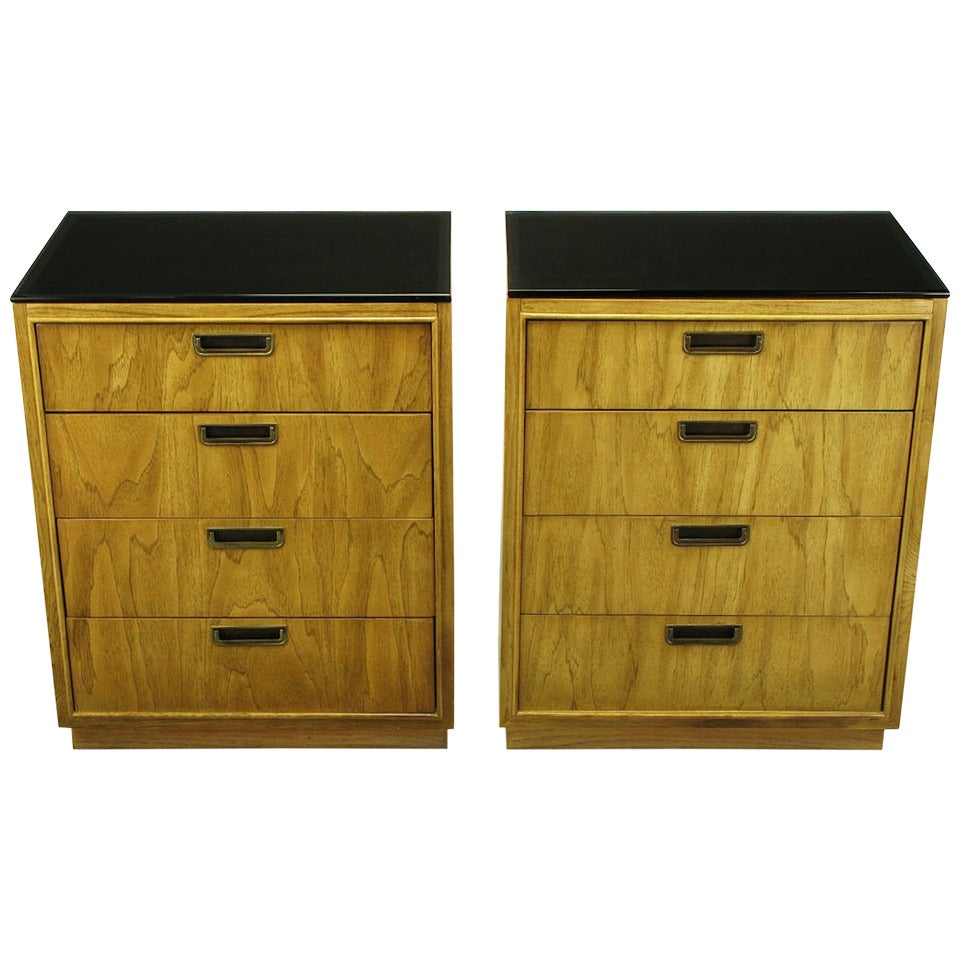 Pair of Ash and Black Glass Four-Drawer Commodes For Sale
