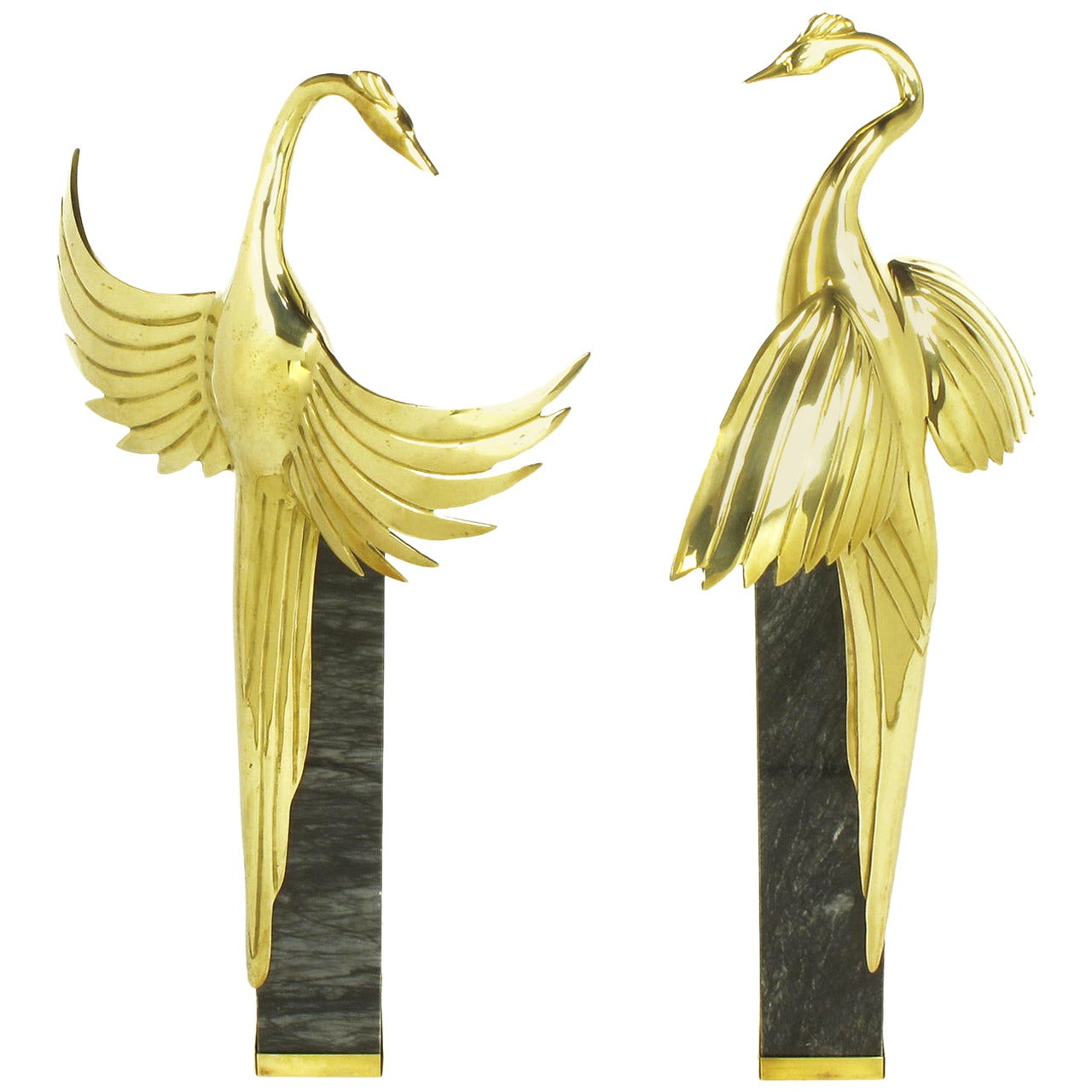 Pair of Marble Pedestal and Brass Crane Sculptures For Sale