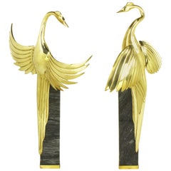 Pair of Marble Pedestal and Brass Crane Sculptures