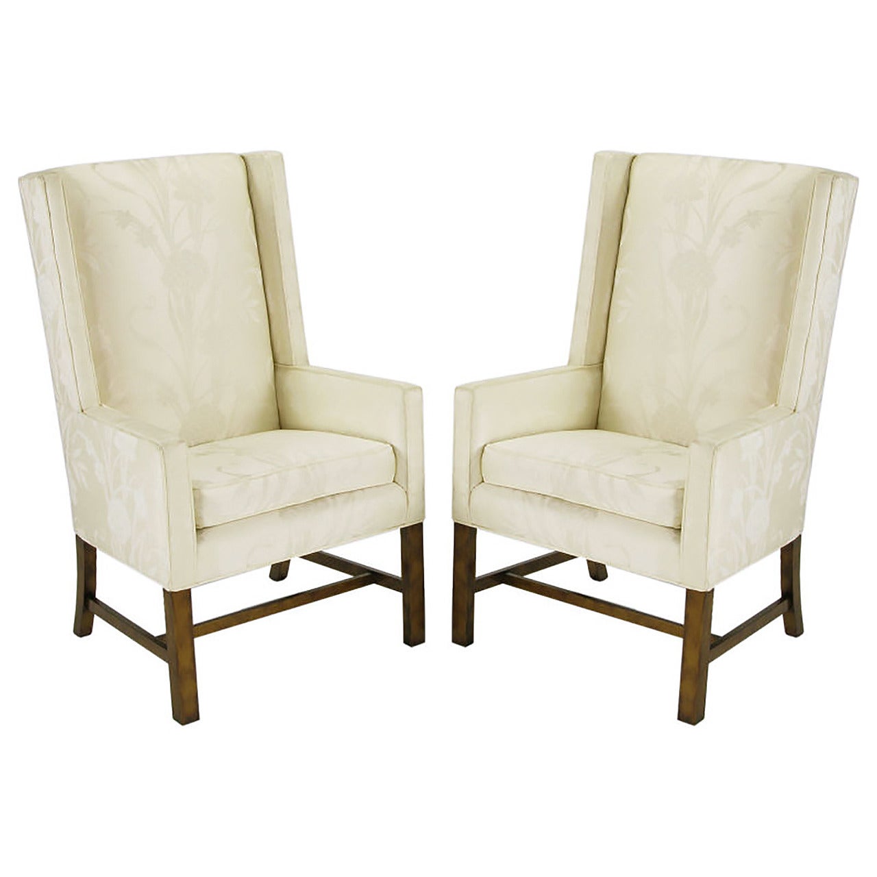Pair of Sleek Wing Chairs in Cream Silk Damask