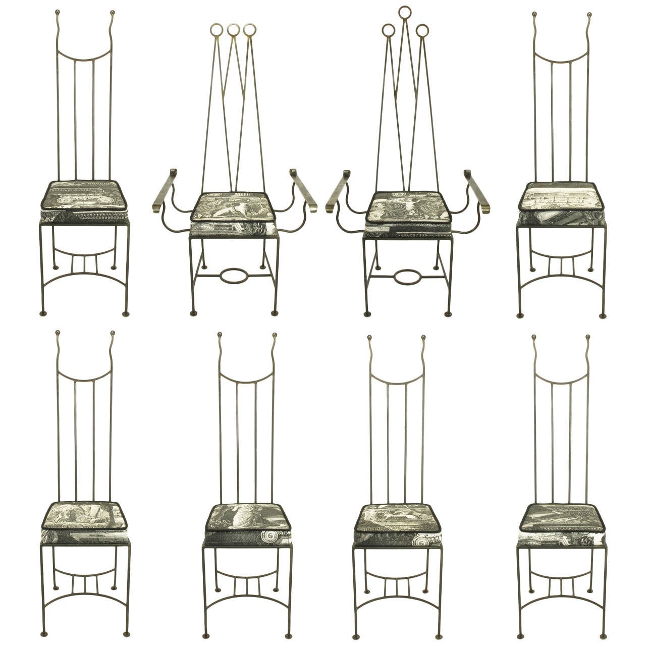 Set of Eight Blackened, Wrought Iron, Tall "Royal" Dining Chairs For