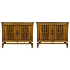 Pair of Walnut and Burl Walnut Floating Commodes with Open Fretwork Doors