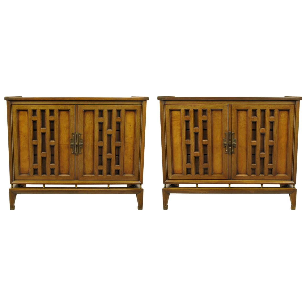 Pair of Walnut and Burl Walnut Floating Commodes with Open Fretwork Doors