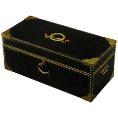 Vintage Black Leather Clad Cedar Trunk with Brass Appointments