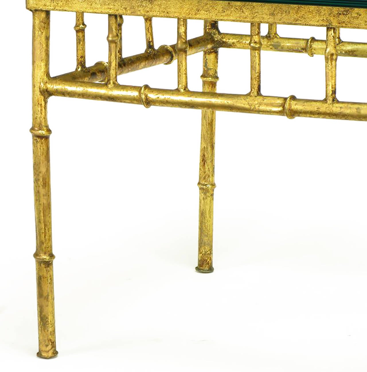 Glass Pair of Glazed Gilt Metal Faux Bamboo End Tables