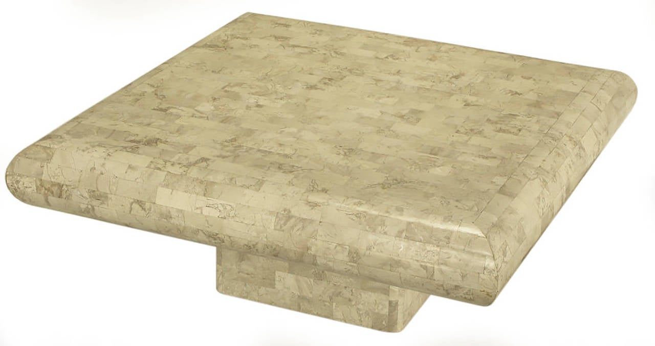 Taupe Tessellated Fossil Stone Pedestal Coffee Table In Excellent Condition For Sale In Chicago, IL