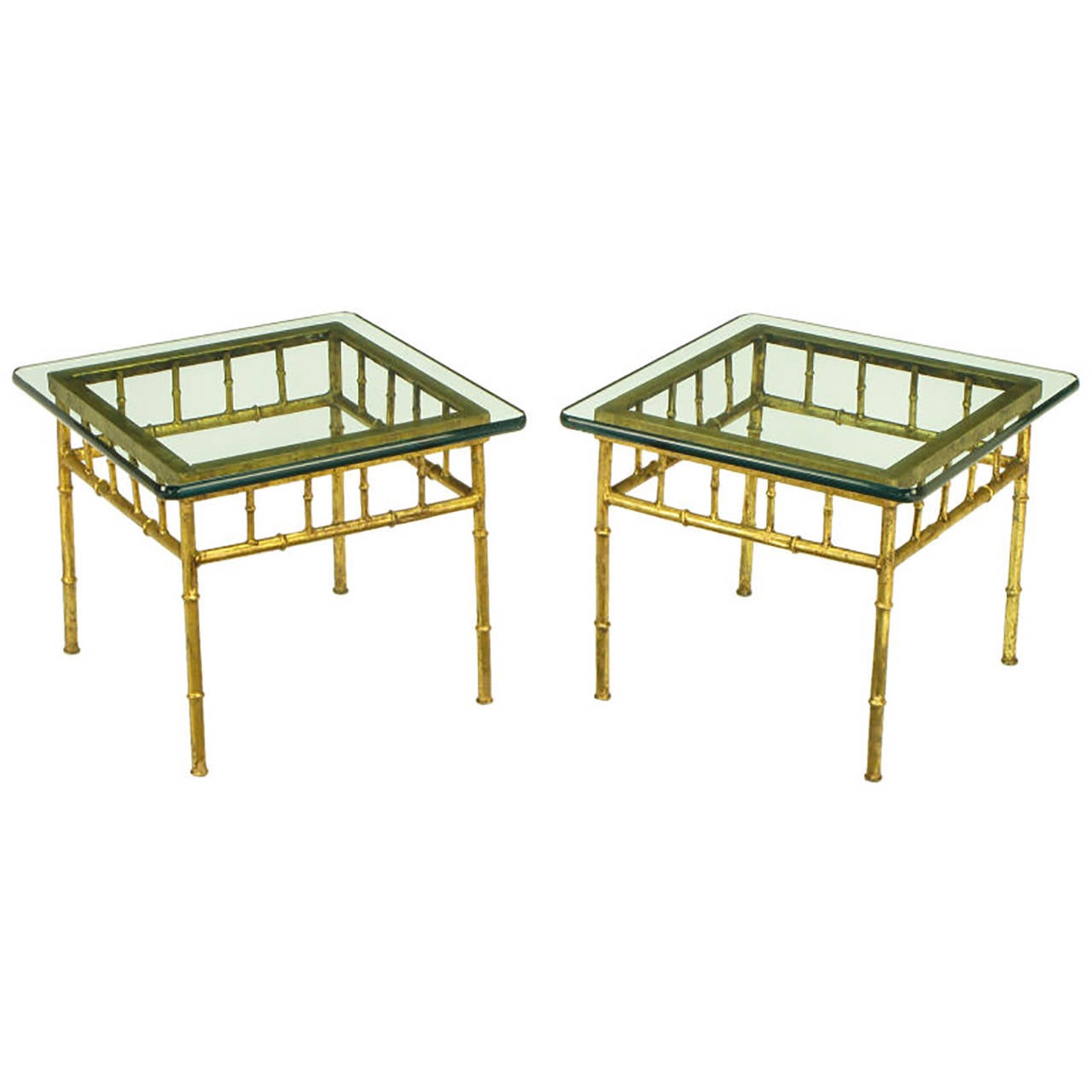 Pair of glazed gilt metal faux bamboo framed side tables with 1/2